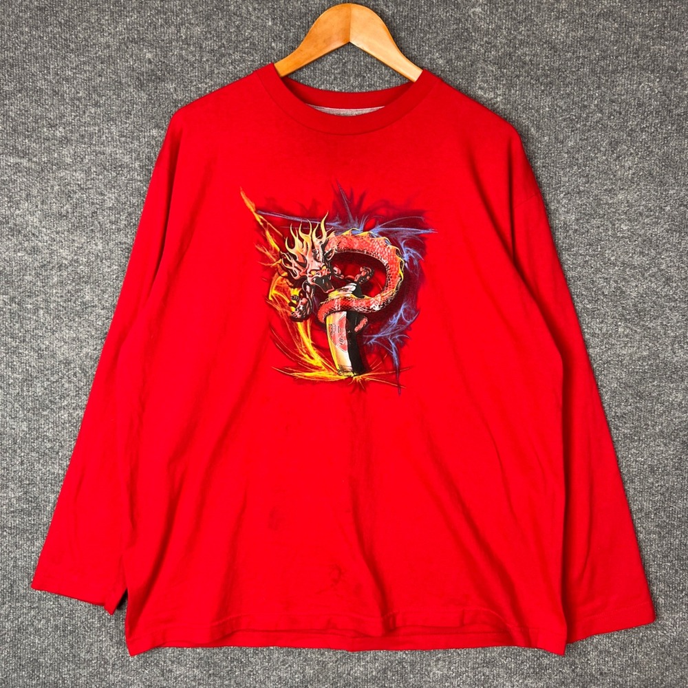 Vintage Y2K Red Dragon Spray Can Graphic‎ Long Sleeve T-Shirt Mens XL Streetwear